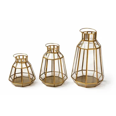 BUĞZ Dekoratif Gold Metal 3lü Fener Mumluk Seti