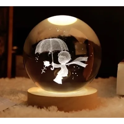 BUĞZ Dekoratif Küçük Prens Tasarımlı Ahşap Altlıklı Işıklı Cam Küre Cam:6cm Ahşap:2cm