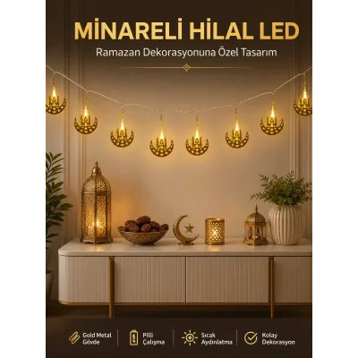 BUĞZ Dekoratif Minareli Hilal LED Işık Metal Gövdeli Ramazan Aydınlatma