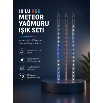 BUĞZ Dekoratif RGB LED Işık Çubuğu Seti 10 Adet Çubuk Kayan Yıldız Efektli