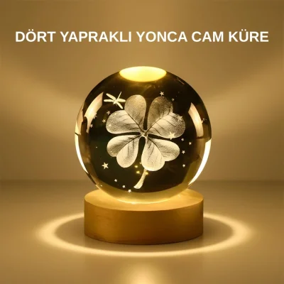 BUĞZ Dekoratif Yonca Görünümlü Işıklı Kristal Cam Küre USB Masa Gece Lambası