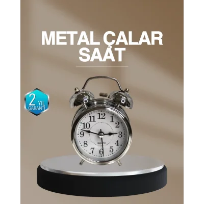 BUĞZ Dekoratif Yuvarlak Gümüş Sessiz Işıklı Masa Üstü Çalar Saat Alarmlı ve Şık Tasarım