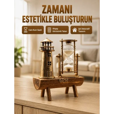 BUĞZ Deniz Feneri Tasarımlı Ahşap Kum Saati – Retro Masa Aksesuarı Yeni Nesil