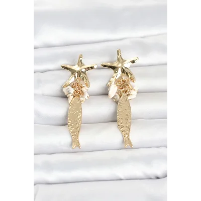 BUĞZ Deniz Yıldızı ve Balık Detaylı Krem Taşlı Gold Renk Kadın Küpe