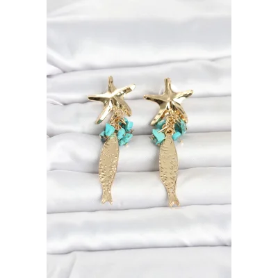 BUĞZ Deniz Yıldızı ve Balık Detaylı Mavi Taşlı Gold Renk Kadın Küpe