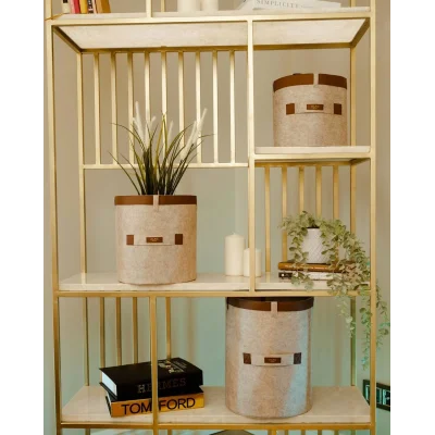  Deri Şeritli Yuvarlak Çok Amaçlı Düzenleyici Organizer Kutu Keçe Sepet (3lü Set)