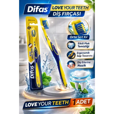 BUĞZ Difaş Love Your Teeth Diş Fırçası 1 Adet Orta Sert Ergonomik Tutma Saplı Manuel Diş Fırçası