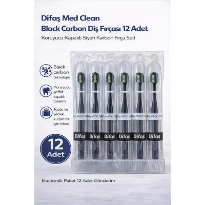 BUĞZ Difaş Med Clean Black Carbon Diş Fırçası 12 Adet Standlı Koruyucu Kapaklı Siyah Karbon Fırça Seti
