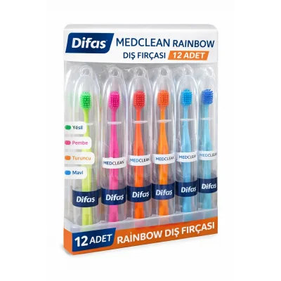 BUĞZ Difaş Medclean Rainbow Diş Fırçası 12 Adet Standlı Orta Sert Renkli Yetişkin Diş Fırçası Seti