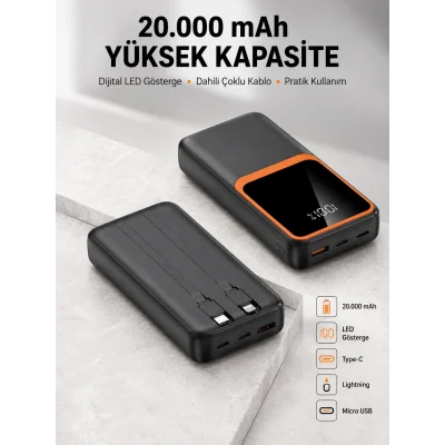 BUĞZ Dijital Ekranlı 20.000 mAh Powerbank | 22.5W Hızlı Şarj + Çoklu Bağlantı Seçeneği Yeni Nesil
