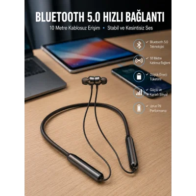 BUĞZ Dijital Göstergeli Kulak İçi Kablosuz Bluetooth Kulaklık Boyun Bantlı Yeni Nesil