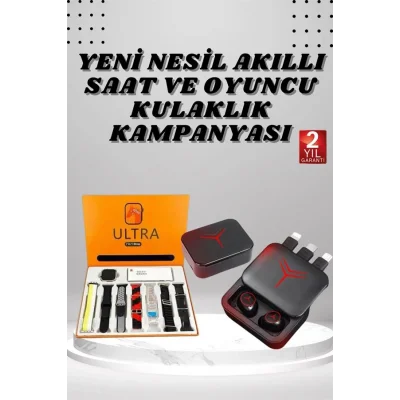 BUĞZ Dijital Göstergeli Powerbank Kablosuz Kulaklık ve 7 Kordonlu Yeni Nesil Akıllı Saat Dokunmatik Kontrol - BUĞZ