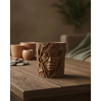 BUĞZ Doğa Temalı Yüz Detaylı Dekoratif Vazo 3D Ağaç Desenli Şık Saksı