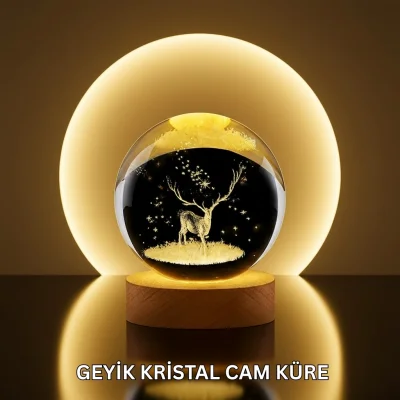 BUĞZ Doğal Ahşap Standlı Geyik Figürlü Kristal Küre LED Dekoratif Lamba