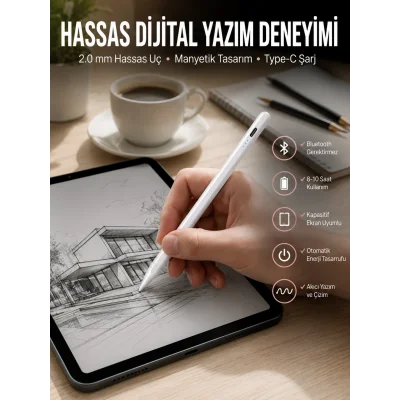 BUĞZ Dokunmatik Kalem Beyaz Şarjlı Yedek Uçlu Android ve İOS Uyumlu