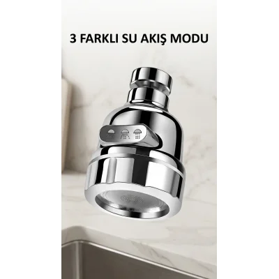 BUĞZ Döner Başlıklı Su Tasarruflu Krom Musluk Ucu 3 Fonksiyonlu Lavabo Aparatı