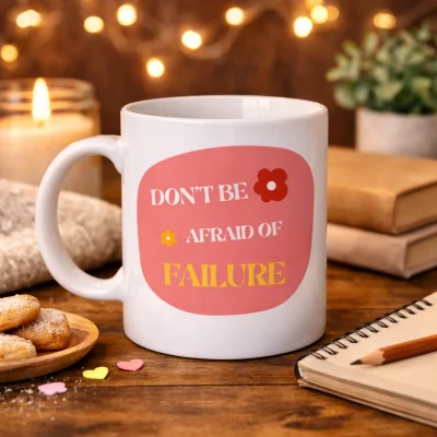 BUĞZ Don’t Be Afraid of Failure Motivasyon Kupası MODEL 134 – İlham Veren Tasarım, Porselen Kahve Kupası, Pozitif Mesajlı Hediye