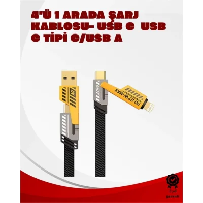  Dönüştürülebilir 4 Başlıklı Hızlı Şarj Kablosu – 1.2m, 65W, Dayanıklı ve Esnek Tasarım