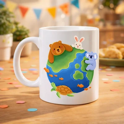 BUĞZ Dostluk Dünyası Desenli Porselen Kupa MODEL 74 – Sevimli Hayvanlar Temalı, Renkli ve Neşeli Tasarım