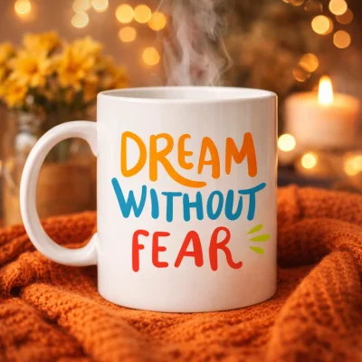 BUĞZ Dream Without Fear Yazılı Porselen Kupa MODEL 139 – Motivasyon Temalı, Renkli Tasarım, Kahve & Çay Kupası – Hediye Seçeneği