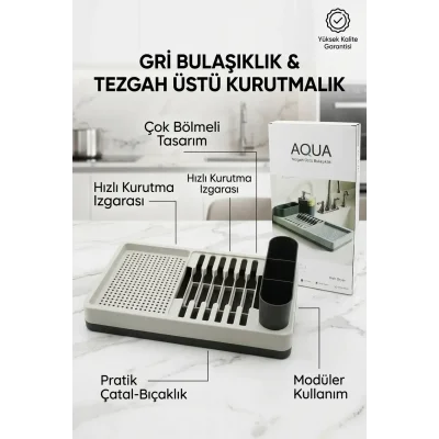 BUĞZ Drenajlı Gri Bulaşıklık Tezgah Üstü Tabak Bardak Kurutma Mutfak Düzenleyici