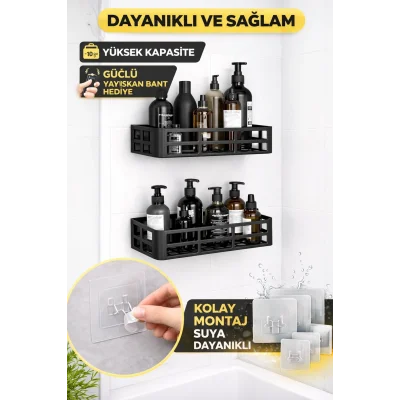BUĞZ Duş İçi Yapışkanlı Banyo Rafı 2’li Set Delme Yok Güçlü Yapışkan Bantlı Organizer