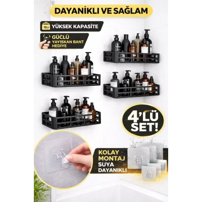 BUĞZ Duş İçi Yapışkanlı Banyo Rafı 4’lü Set | Delme Yok | Güçlü Yapışkan Bantlı Organizer