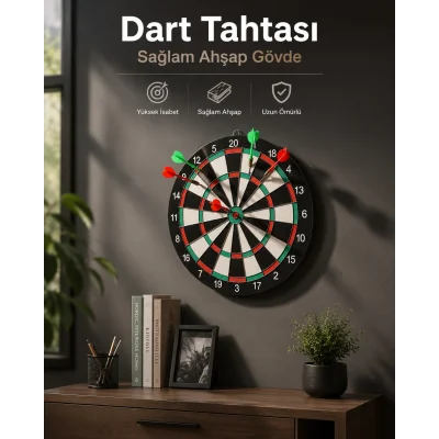 BUĞZ Duvara Monte Sağlam Ahşap Gövdeli Dart Tahtası Ev ve Oyun Alanları İçin 17 İnç