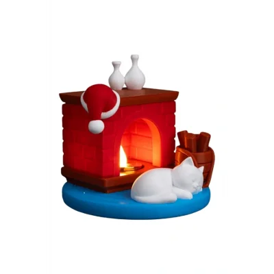 BUĞZ Eco Lounge Şömine Figürü 12 cm – Mum Işığı Dahil Kedi Temalı Yılbaşı Dekoru