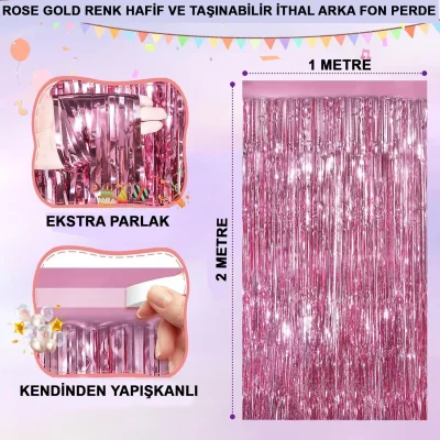 BUĞZ Ekstra Metalize Parlak Saçaklı Arka Fon Perde Rose Gold