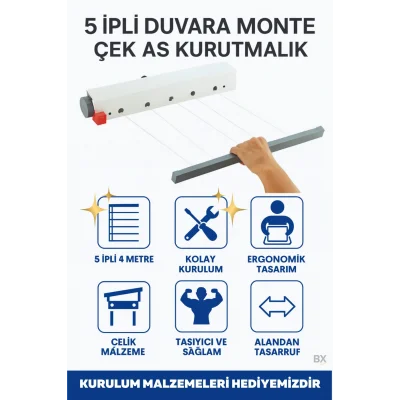 BUĞZ Ergonomik Çamaşırlık 5 Metre 5 İp, Kaliteli İpler, Önce Çek Sonra Sabitle, Kurulum Dahil