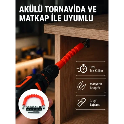 BUĞZ Esnek Bits Uç Seti 12 Parça Manyetik Adaptörlü Matkap Tornavida Aksesuarı