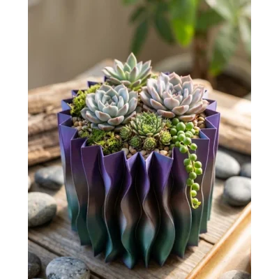 BUĞZ Estetik Dalga Formlu Mor 3D Baskı Dekoratif Vazo Modern Ev Aksesuarı