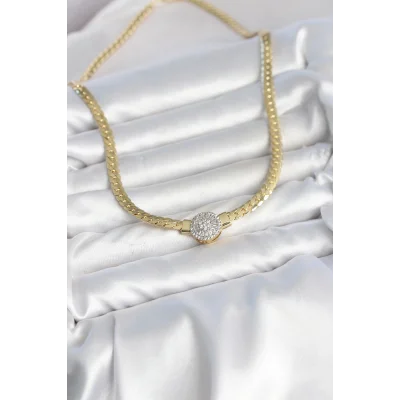 BUĞZ Ezme Zincir Model Zirkon Taşlı VIP Seri Gold Renk Kadın Kolye - BUĞZ