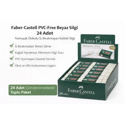 BUĞZ Faber-Castell No24 PVC Free Beyaz Silgi 24 Adet Standlı Kutu İz Bırakmayan Yumuşak Okul Ofis Silgisi
