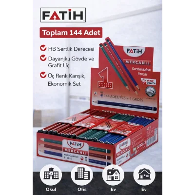 BUĞZ Fatih Mercanlı 12010 HB Kurşun Kalem Silgisiz 144 Adet Karışık Renk