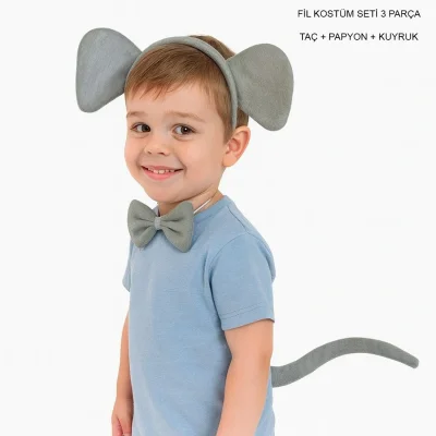 BUĞZ Fil Kostümü Aksesuar Seti 3 Lü - Taç Papyon Kuyruk