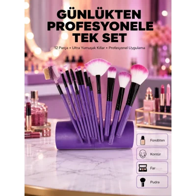 BUĞZ Fondöten, Allık ve Far Uygulamalarına Uygun 12 Parça Makyaj Fırça Takımı Ergonomik Saplı