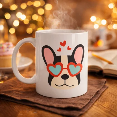 BUĞZ French Bulldog Desenli Kalpli Gözlüklü Porselen Kupa Model 50 – Sevimli Köpek Tasarımlı Kahve Kupası