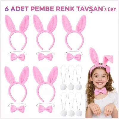 BUĞZ Full Pembe Renk Tavşan Sahne Seti 6'lı Set Taç Papyon Kuyruk