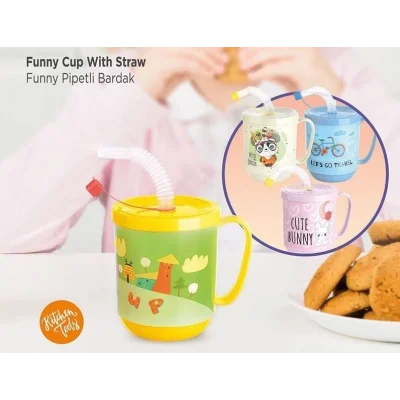 BUĞZ Funny Pipetli Çocuk Içecek Bardağı Desenli Bardak 350ml