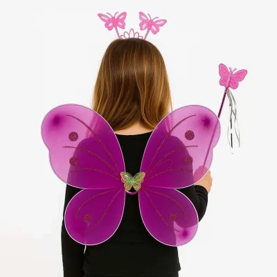 BUĞZ Fuşya Kelebek Kız Seti – 50 cm Kelebek Kanadı, Taç ve Asa