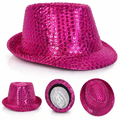 BUĞZ Fuşya Pembe Payetli Disco Parti Şapkası Yetişkin Işıltılı Fötr Model