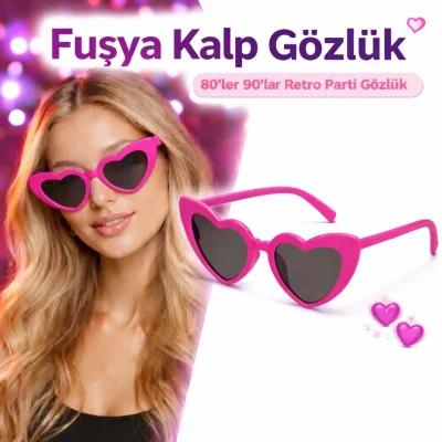 BUĞZ Fuşya Pembe Retro Kalp Gözlük – 80’ler 90’lar Stil Parti Gözlüğü