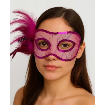  Fuşya Renk Yandan Tüylü Pul Payet İşlemeli Parti Maskesi 23x12 cm