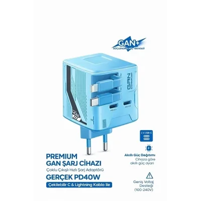 BUĞZ Gan+ Pd 40w Hızlı Şarj Adaptörü Çoklu Çıkış Usb-c Lightning Kablolu Hızlı Şarj Cihazı Ev Ofis Uyumlu Mavi