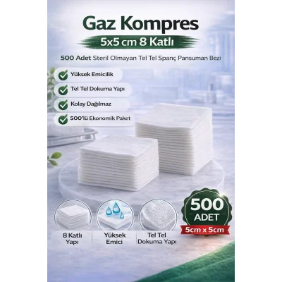 BUĞZ Gaz Kompres 5x5 cm 8 Katlı 500 Adet Steril Olmayan Tel Tel Spanç Pansuman Bezi