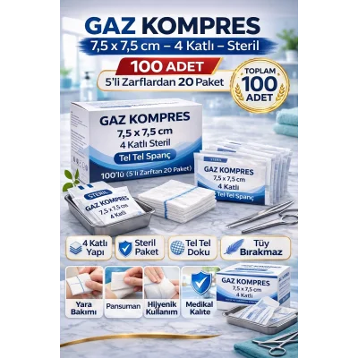 BUĞZ Gaz Kompres 7,5x7,5 cm 4 Katlı Steril 100 Adet Tel Tel Spanç (5’li Zarflardan 20 Paket)1 KUTU