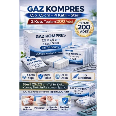 BUĞZ Gaz Kompres 7,5x7,5 cm 4 Katlı Steril 200 Adet Tel Tel Spanç Pansuman Bezi (2KUTU)