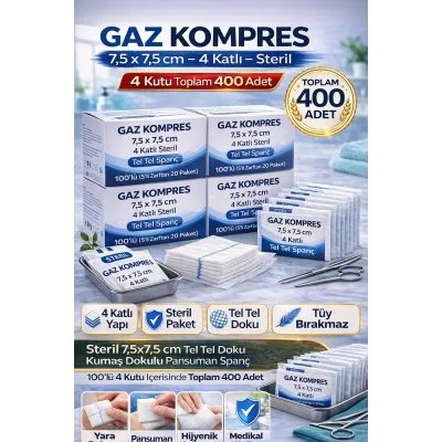 BUĞZ Gaz Kompres 7,5x7,5 cm 4 Katlı Steril 400 Adet Tel Tel Spanç Pansuman Bezi(4KUTU)